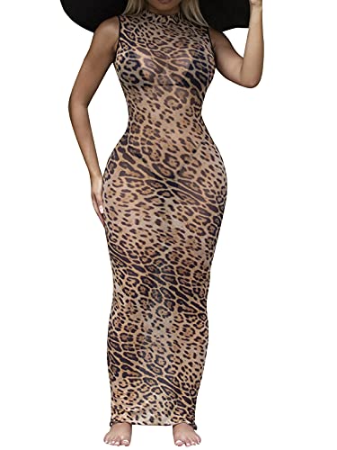 Uni Clau Damen Sexy durchsichtiges ärmelloses Maxikleid unregelmäßig durchscheinendes Mesh bedruckt Maxi Bodycon Party Langes Kleid - Gelb - Groß von Uni Clau