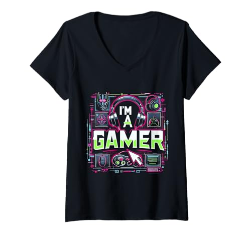 Damen Ich Bin EIN Gamer mit Controller-Power T-Shirt mit V-Ausschnitt Damen Ich Bin EIN Gamer mit Controller-Power T-Shirt mit V-Ausschnitt von Uni Next Level Pixels