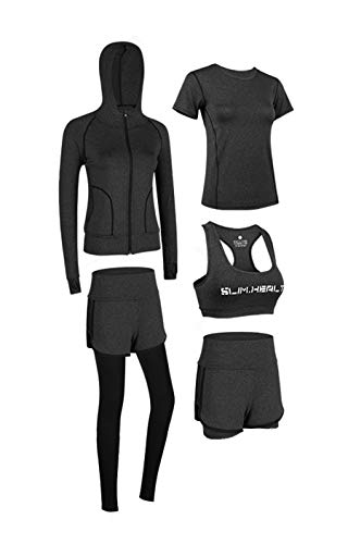 Uni-Wert Damen Trainingsanzug Set Yoga Jogging Lauf Sportbekleidung Atmungsaktiv Schnell Trocknend Sportsuit Strech Tights Training Sweatsuit 5 Stück Set Dunkelgrau L von Uni-Wert