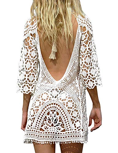 Uni-Wert Damen Bikini Cover Up Sexy Boho Rückenfrei Spitze Strandkleid Strandponcho Sommerkleider Weiß von Uni-Wert