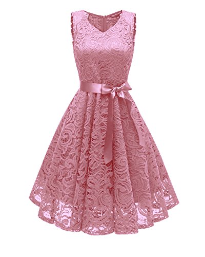 Uni-Wert Damen Cocktailkleid Elegant Ärmellos Floral Spitzenkleid Swing Abendkleider V-Ausschnitt Knielang Vintage Hochzeit Kleider von Uni-Wert