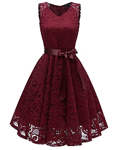 Uni-Wert Damen Cocktailkleid Elegant Ärmellos Floral Spitzenkleid Swing Abendkleider V-Ausschnitt Knielang Vintage Hochzeit Kleider von Uni-Wert