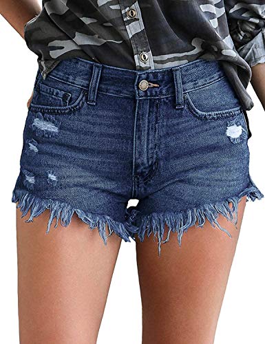 Uni-Wert Damen Jeansshorts Basic in Aged-Waschung Jeans Bermuda-Shorts High Waist Denim Kurze Hose Sommer Mode Destroyed Loch Hotpants Quaste Jeans Shorts Dunkelblau L von Uni-Wert