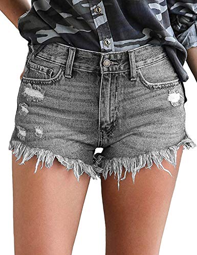 Uni-Wert Damen Jeansshorts Basic in Aged-Waschung Jeans Bermuda-Shorts High Waist Denim Kurze Hose Sommer Mode Destroyed Loch Hotpants Quaste Jeans Shorts Grau M von Uni-Wert