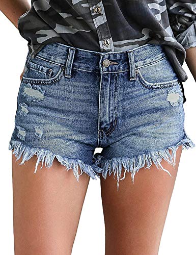 Uni-Wert Damen Jeansshorts Basic in Aged-Waschung Jeans Bermuda-Shorts High Waist Denim Kurze Hose Sommer Mode Destroyed Loch Hotpants Quaste Jeans Shorts Hellblau L von Uni-Wert