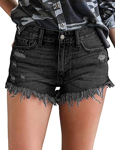 Uni-Wert Damen Jeansshorts Basic in Aged-Waschung Jeans Bermuda-Shorts High Waist Denim Kurze Hose Sommer Mode Destroyed Loch Hotpants Quaste Jeans Shorts Schwarz M von Uni-Wert