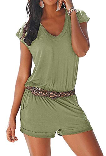 Uni-Wert Damen Jumpsuit Kurz Sommer Strandkleid Spielanzug Einteiler Overalls Hose Elegant Playsuit V-Ausschnitt Elastisch Hohe Taillen Casual Kein Gürtel von Uni-Wert