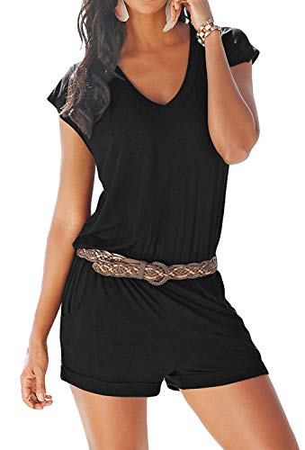 Uni-Wert Damen Jumpsuit Sommer Kurz Schwarz Strandkleid Spielanzug Einteiler Overalls Hose Elegant Playsuit V-Ausschnitt Elastisch Hohe Taillen Casual Kein Gürtel S-XXL von Uni-Wert