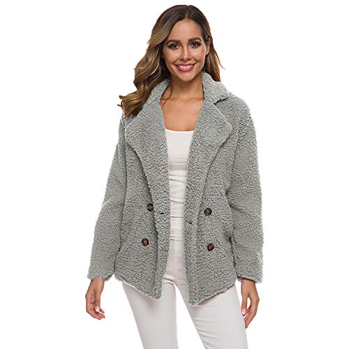 Uni-Wert Damen Mantel Faux Wolle Winterjacke Revers Langarm Outwear Kurz Fleecejacke Warm Plüschjacke Teddy Mantel Grau L von Uni-Wert