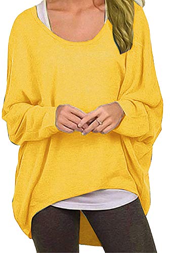 Uni-Wert Damen Pullover Lose Asymmetrisch Sweatshirt Pulli Langarm O-Ausschnitt Bluse Oberteile Oversized Tops T-Shirt L Gelb von Uni-Wert