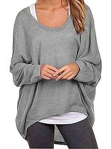 Uni-Wert Damen Pullover Lose Asymmetrisch Sweatshirt Pulli Langarm O-Ausschnitt Bluse Oberteile Oversized Tops T-Shirt L Grau von Uni-Wert