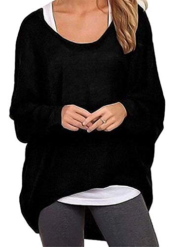 Uni-Wert Damen Pullover Lose Asymmetrisch Sweatshirt Pulli Langarm O-Ausschnitt Bluse Oberteile Oversized Tops T-Shirt L Schwarz von Uni-Wert