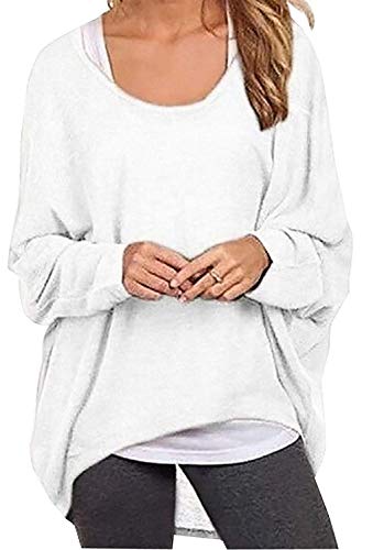 Uni-Wert Damen Pullover Lose Asymmetrisch Sweatshirt Pulli Langarm O-Ausschnitt Bluse Oberteile Oversized Tops T-Shirt L Weiß von Uni-Wert