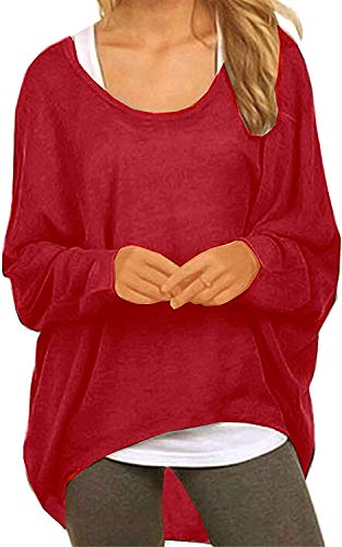 Uni-Wert Damen Pullover Lose Asymmetrisch Sweatshirt Pulli Langarm O-Ausschnitt Bluse Oberteile Oversized Tops T-Shirt S Weinrot von Uni-Wert