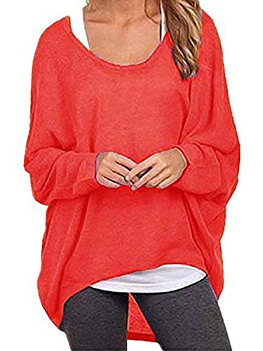 Uni-Wert Damen Pullover Lose Asymmetrisch Sweatshirt Pulli Langarm O-Ausschnitt Bluse Oberteile Oversized Tops T-Shirt XXL Rot von Uni-Wert