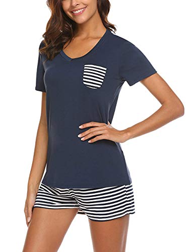 Uni-Wert Damen Schlafanzug Zweiteilig Nachtwäsche Frauen Pyjama Set T-Shirt + Hose Kurz, Marineblau - Kurz, XXL von Uni-Wert