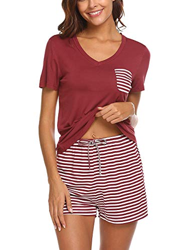 Uni-Wert Damen Schlafanzug Zweiteilig Nachtwäsche Frauen Pyjama Set T-Shirt + Hose Kurz,Weinrot - Kurz,M von Uni-Wert