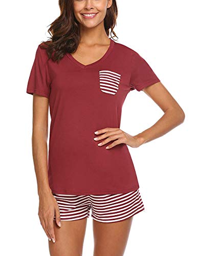 Uni-Wert Damen Schlafanzug Zweiteilig Nachtwäsche Frauen Pyjama Set T-Shirt + Hose Kurz,Weinrot - Kurz,M von Uni-Wert