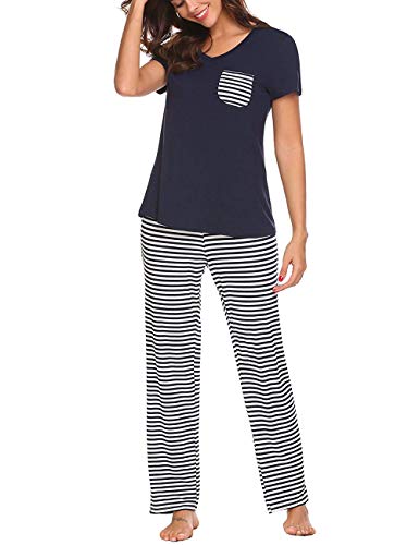 Uni-Wert Damen Schlafanzug Zweiteilig Nachtwäsche Frauen Pyjama Set T-Shirt + Hose Lang,Marineblau - Lang,XXL von Uni-Wert