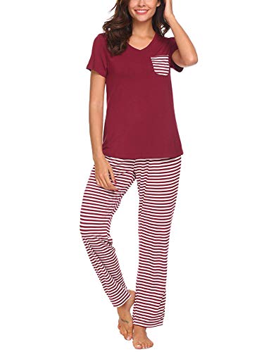 Uni-Wert Damen Schlafanzug Zweiteilig Nachtwäsche Frauen Pyjama Set T-Shirt + Hose Lang weinrot Gr.XXL von Uni-Wert