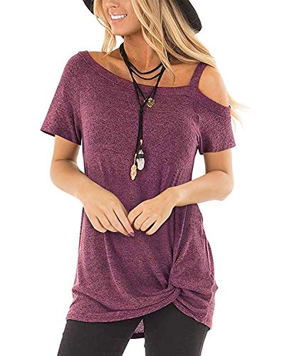 Uni-Wert Damen T-Shirt Sommer Kurzarm Casual Lose Oberteile Schulterfrei Einfarbig Asymmetrisch Bluse Tunika Tops Shirts von Uni-Wert