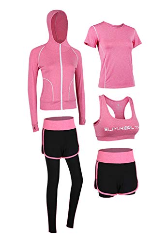 Uni-Wert Damen Trainingsanzug Yoga Set Jogging Lauf Sportbekleidung Atmungsaktiv Schnell Trocknend Sportsuit Strech Tights Training Sweatsuit 5 Stück Set Rosa XXL von Uni-Wert