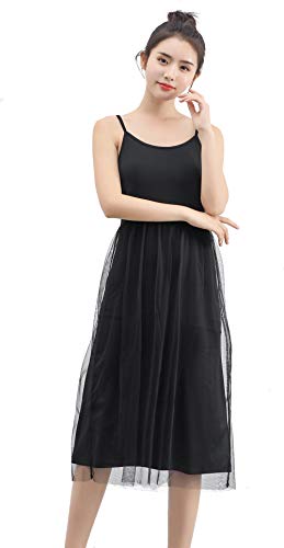 Uni-Wert Damen Unterkleid Slim Nachthemd Spaghettiträger Ärmellos Knielang Baumwolle Nachtwäsche Sexy Negligee Oversize Elastisch Nachtkleid mit Trägern Spitze Kleider Schwarz von Uni-Wert