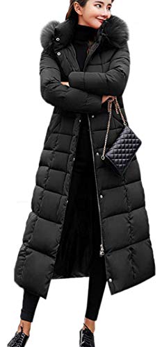 Uni-Wert Damen Winterjacke Lange Daunenjacke Warm Parka Jacke mit Fellkapuze Steppjacke Wintermantel Casual Daunenmantel Schwarz L von Uni-Wert