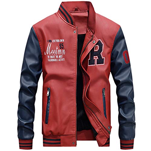 Uni-Wert Herren Bomberjacke Pu Leder Fliegerjacke Stehkragen Collegejacke Reißverschluss Übergangsjacke Casual Baseball Jacken Mantel Rot L von Uni-Wert