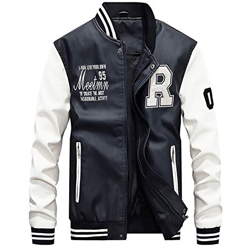 Uni-Wert Herren Bomberjacke Pu Leder Fliegerjacke Stehkragen Collegejacke Reißverschluss Übergangsjacke Casual Baseball Jacken Mantel Weiß S von Uni-Wert
