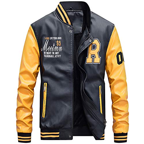 Uni-Wert Herren Bomberjacke Pu Leder Fliegerjacke Stehkragen Collegejacke Reißverschluss Übergangsjacke Casual Baseball Jacken Mantel Gelb L von Uni-Wert