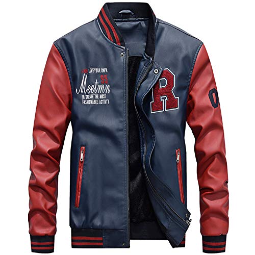 Uni-Wert Herren Bomberjacke Pu Leder Fliegerjacke Stehkragen Collegejacke Reißverschluss Übergangsjacke Casual Baseball Jacken Mantel von Uni-Wert