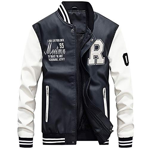 Uni-Wert Herren Bomberjacke Pu Leder Fliegerjacke Stehkragen Collegejacke Reißverschluss Übergangsjacke Casual Baseball Jacken Mantel Weiß 3XL von Uni-Wert