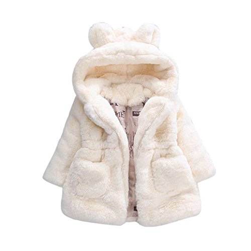 Uni-Wert Mädchen Fellmantel Winterjacke Kunstpelz Jacke Baby Mädchen Herbst Winter Mantel Warm Jacke mit Kapuze Wollmantel Kapuzenjacke Weiß 130 von Uni-Wert