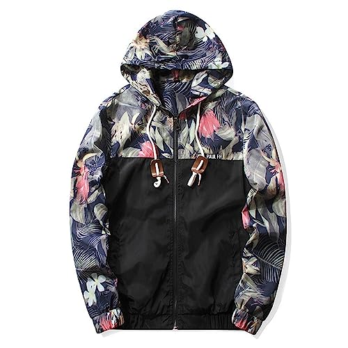 Uni-Wert Unisex Blumenjacke Windbreaker Coole Jacke mit Kapuze Damen Herren Reißverschluss Übergangsjacke Patchwork Streetwear Windjacke Mantel Outerwear Kurzjacke Schwarz M von Uni-Wert