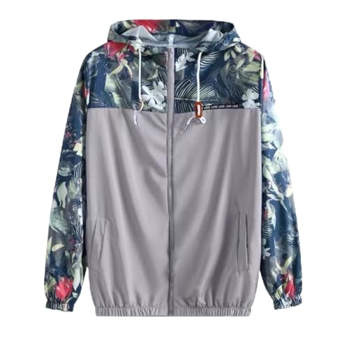 Uni-Wert Unisex Windbreaker Coole Jacke mit Kapuze Damen Herren Reißverschluss Übergangsjacke Blumen Drucken Patchwork Streetwear Windjacke Mantel Outerwear Kurze Jacke Grau L von Uni-Wert