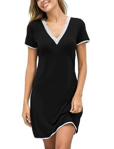 EKOUAER Damen Nachthemd Kleid Nachtwäsche Negligees Kurzarm Mit Spitzenbesatz, Typ2_Schwarz, S von UNibelle