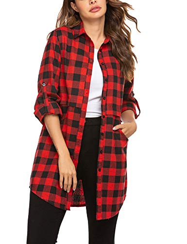 UNibelle Damen Hemdjacke Kariertes Hemd Langarmshirt Oktoberfest Bluse Karo Tunika Tops Hemdbluse mit Knöpfen Rot M von UNibelle