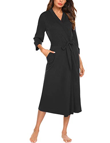 UNibelle Bademantel Damen Baumwolle Sommer Kimono Leicht Robe Jersey kurz Hausanzug Sleepwear Saunamantel Schwarz XL von UNibelle