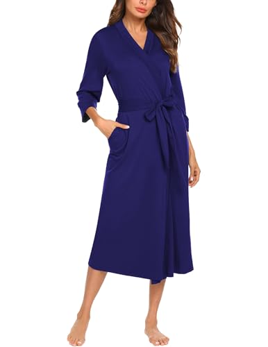 UNibelle Damen Morgenmantel lang leicht Kimono Maxi Dünn Saunamantel weich Robe Tasche Frauen Hausmantel Navyblau L von UNibelle