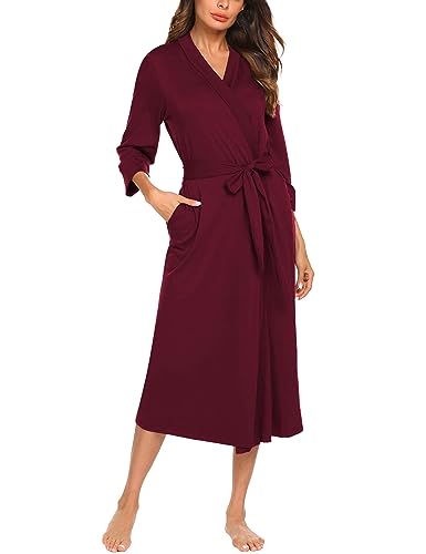 Unibelle Damen Morgenmantel Dünn aus Baumwolle Bademantel Damen Baumwolle Sommer Kimono Leicht Robe Jersey kurz Hausanzug Sleepwear Saunamantel,WEINROT L von UNibelle