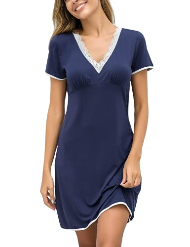 EKOUAER Damen Nachthemd Kleid Nachtwäsche Negligees Kurzarm Mit Spitzenbesatz, Typ2_Navyblay, S von UNibelle