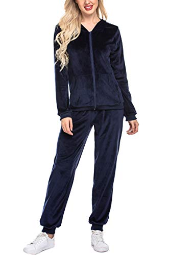 Unibelle Damen Trainingsanzug Jogginganzug Velours Kapuzenpullover und Hose Sportbekleidung mit Reißverschluss Kordelzug Taschen Hoodie Sweat Set, A_marineblau, S von Hotouch