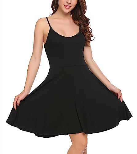 UNibelle Sommerkleid Damen Kurz Trägerkleid Blumenmuster Kleid V-Ausschnitt Strandkleid Verstellbaren Spaghettiträger Rüschen Kleider Pures Schwarz S von UNibelle