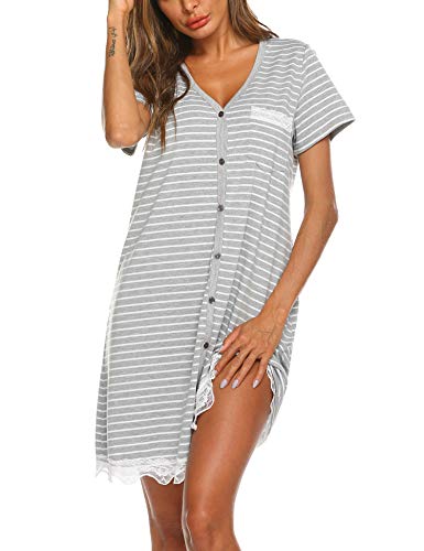 UNibelle Nachtwäsche Kurzarm Nachthemd Damen Spitze Sleepshirt V-Ausschnitt Nachtkleid Knopfleiste Fasching, Ydf1, M von UNibelle