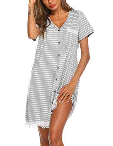 UNibelle Nachtwäsche Damen Kurzärmelig Nachthemd Spitze Schlafhemd V-Ausschnitt Kurzarm Knopfleiste Streifen, Ydf1, XL von UNibelle