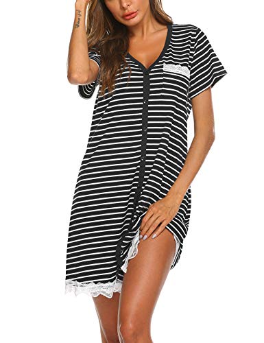 UNibelle Nachtwäsche Kurzarm Nachthemd Damen Spitze Sleepshirt V-Ausschnitt Nachtkleid Knopfleiste, Ydf3, M von UNibelle