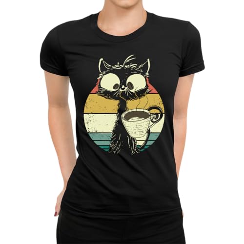 Katze Kaffee Retro Damen T-Shirt, Schwarz, 3XL von Unibly