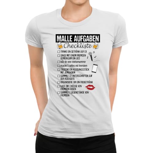 Mallorca Checkliste Urlaub Malle Damen T-Shirt, Weiß, M von Unibly