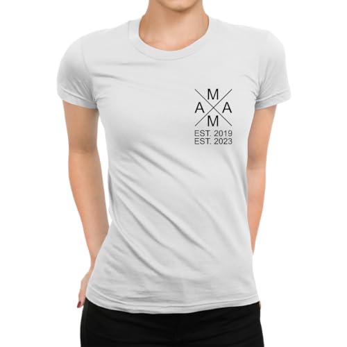 Personalisiert Mama mit Namen der Kinder Geburtsjahr Geschenk für Mutter zum Muttertag Muttertagsgeschenk Damen T-Shirt, Weiß, M von Unibly